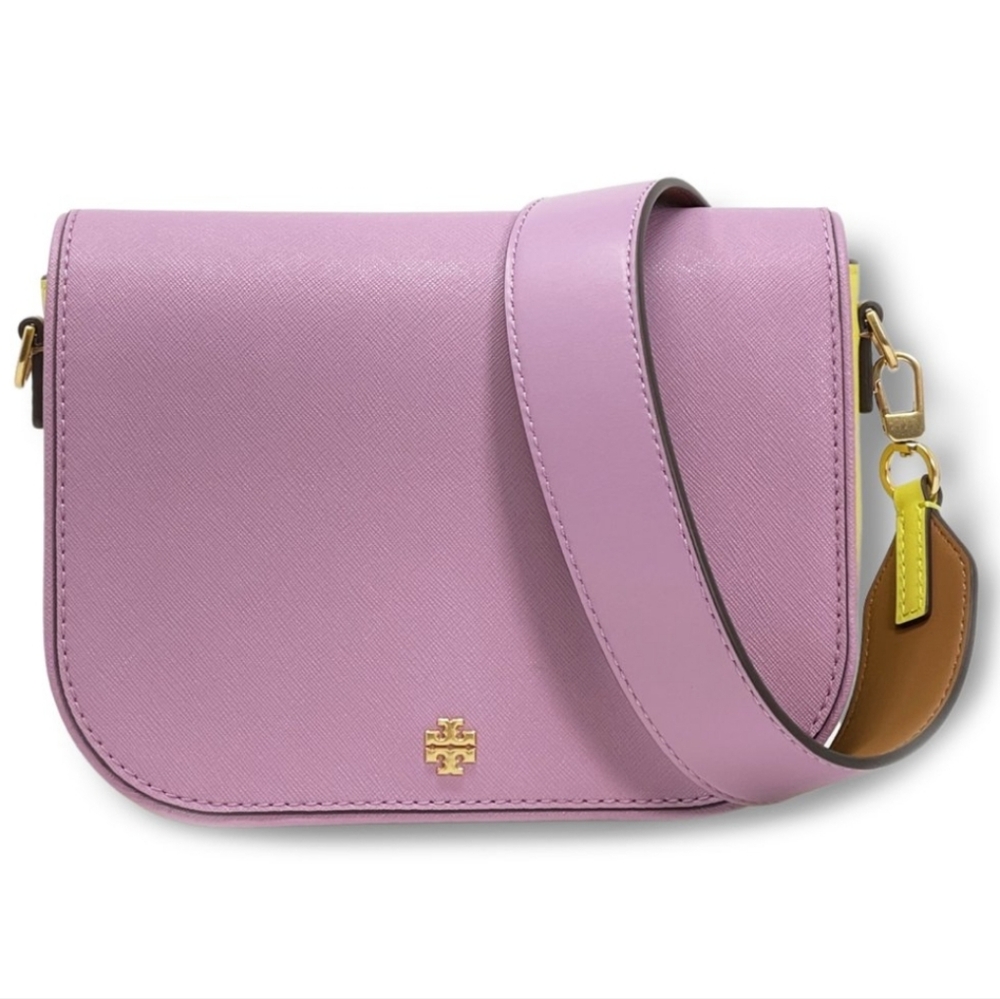 Tory Burch Emerson Color Block Safiiano Leather Crossbody Bag purple/yellow NWOT